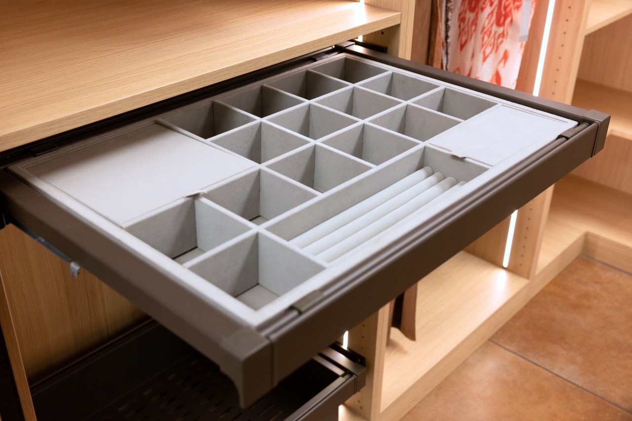 Walk-in closet with custom drawer organizer system